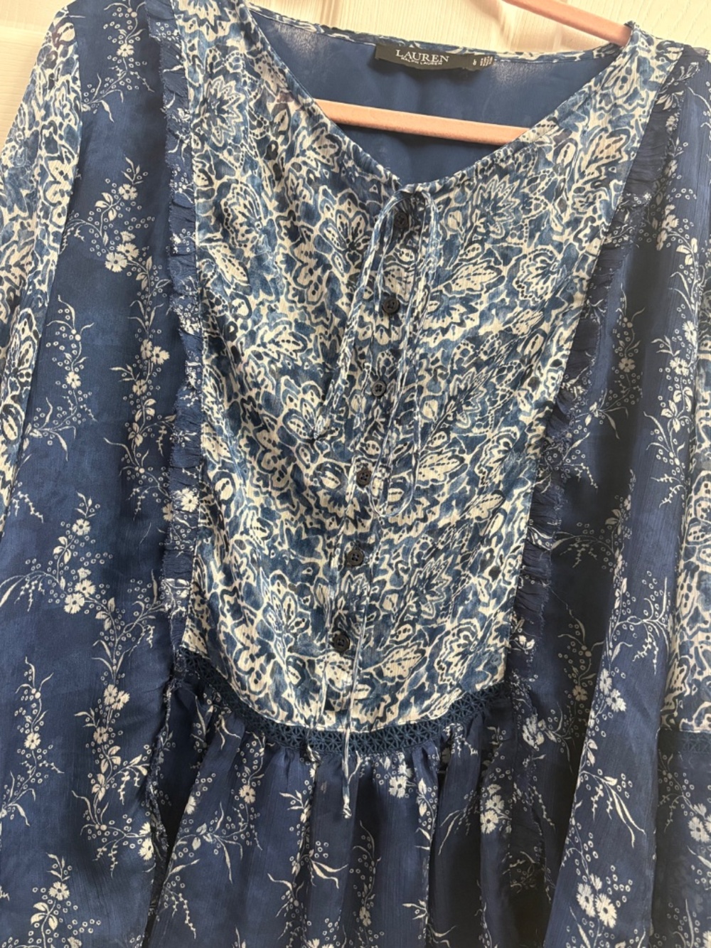 Women's Lauren Ralph Lauren Blue and White Floral Print Boho Blouse - Picture 2 of 6